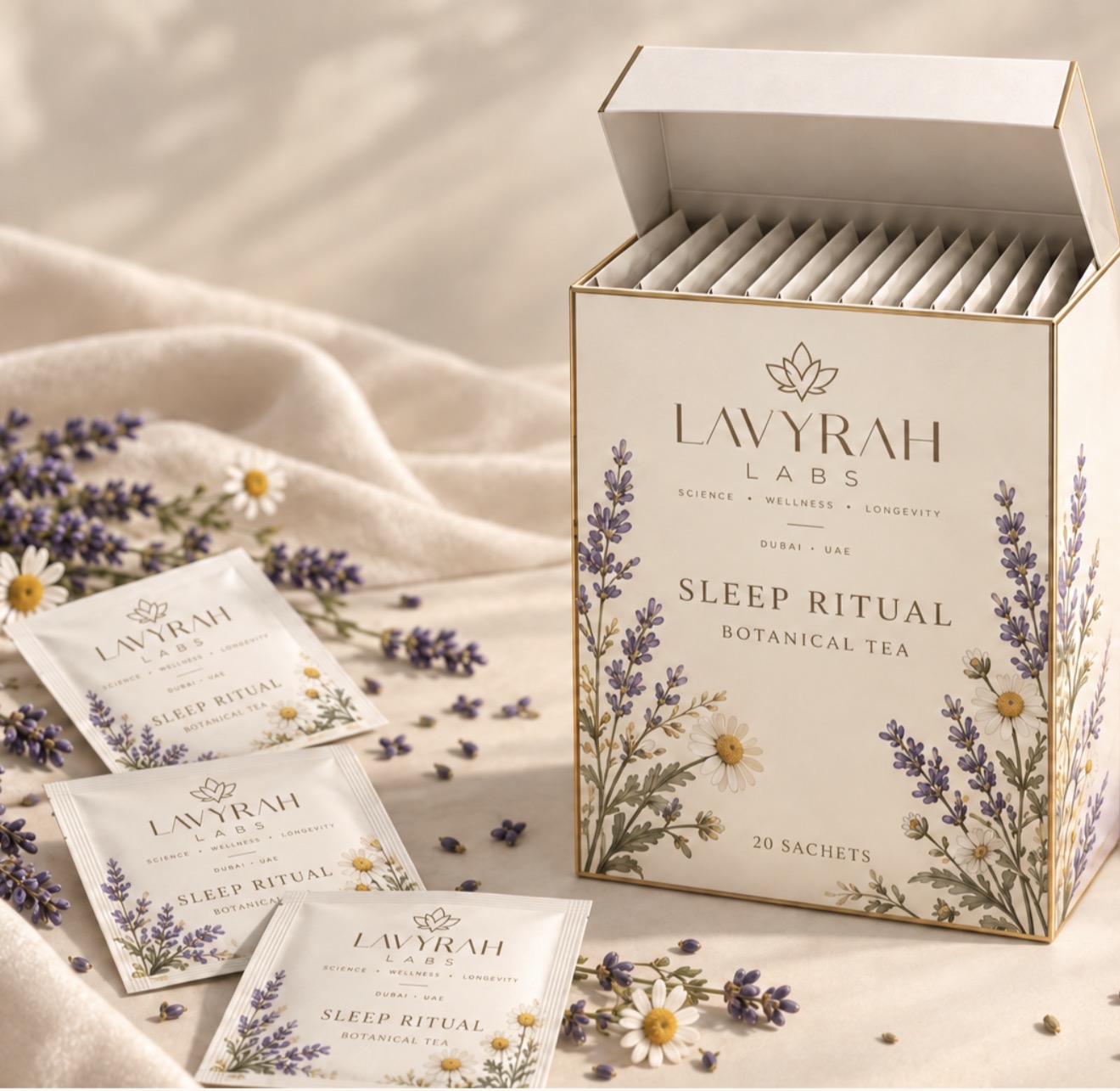 LAVYRAH botanical tea packaging concept with individual sachets